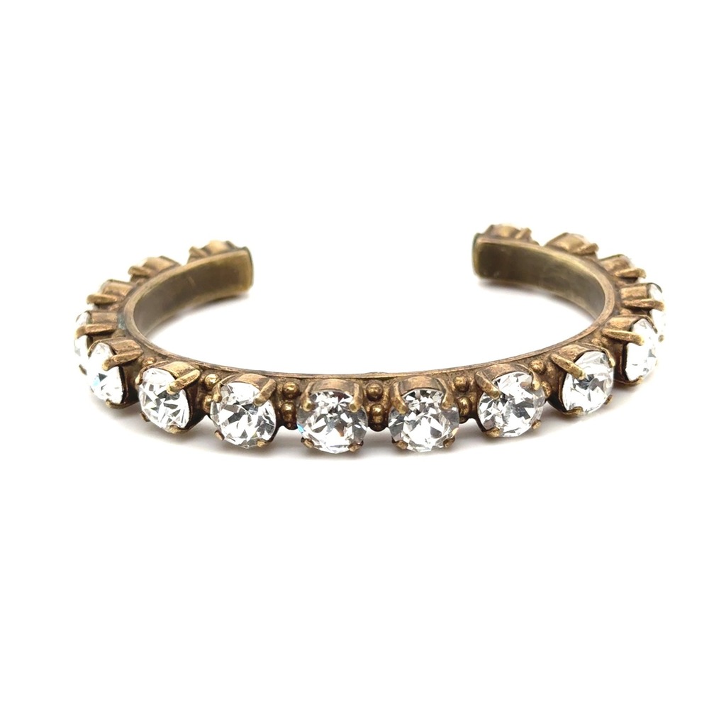 Sorrelli Antique Brass Clear Crystal Round Cut Open Cuff Bracelet Vintage Style